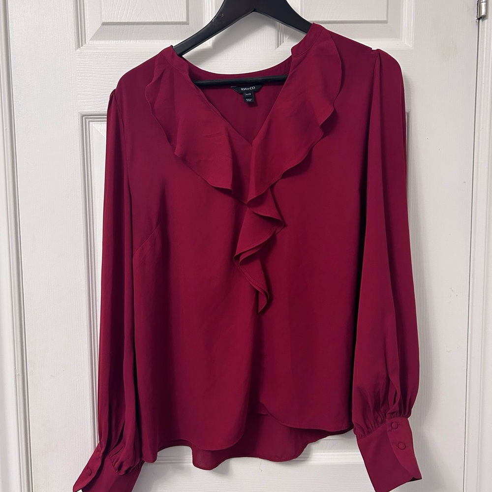 RW&CO. Burgundy Ruffle V-Neck Long Sleeve Blouse